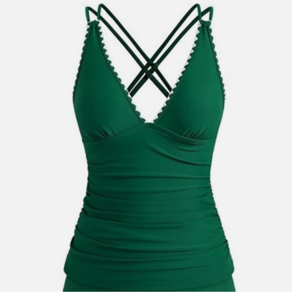 Green Tankini Swimsuit, V Neck Push Up Top, High Waisted Bottom - Picture 6 of 15